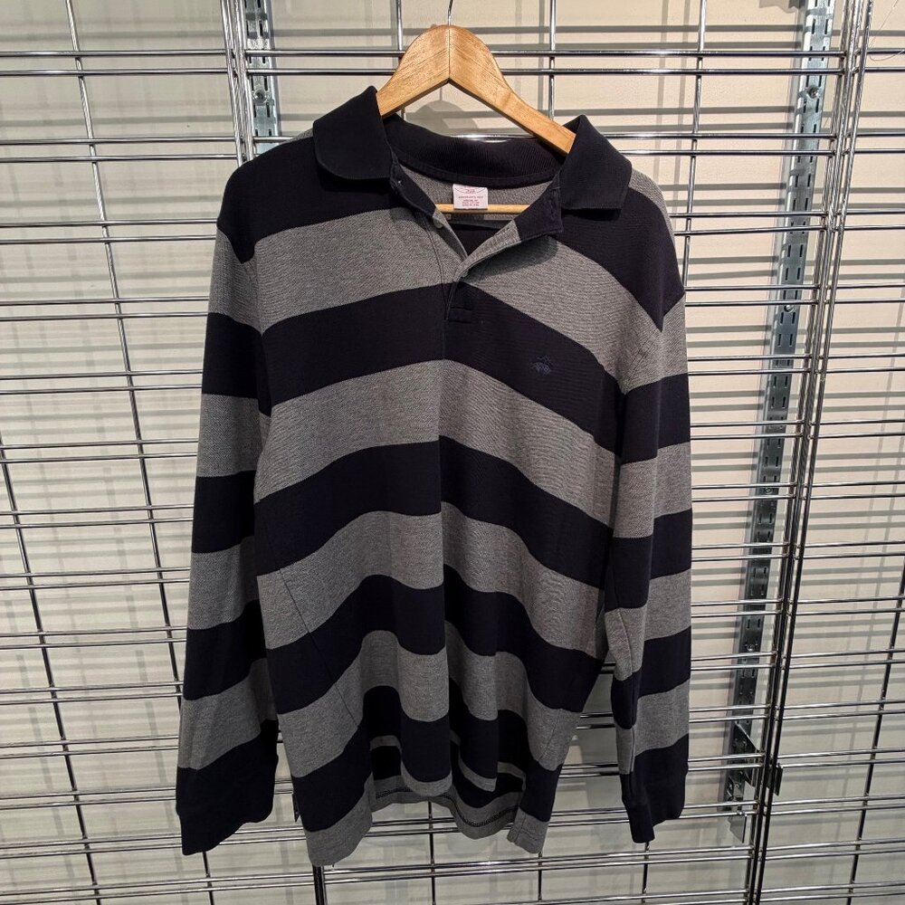 Brooks Brothers L Navy/Grey Striped 346 Performance Polo Long Sleeve
